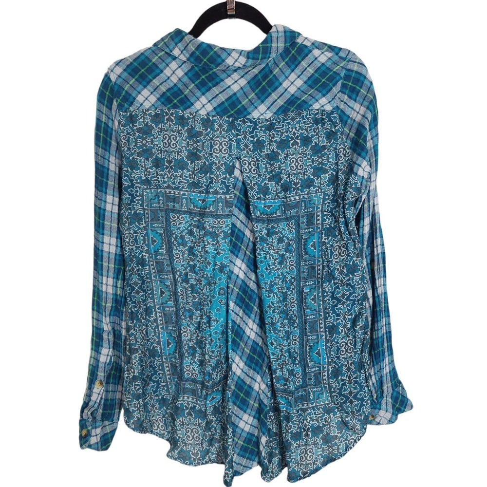 Tolani Womens Flannel Blue Green Plaid Slubbed Cotton Pleated Back Blouse Top M - Picture 2 of 11